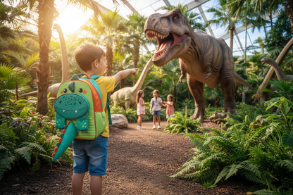 Cartoon dinosaur school backpack with green dino face, teal body, side tail pocket