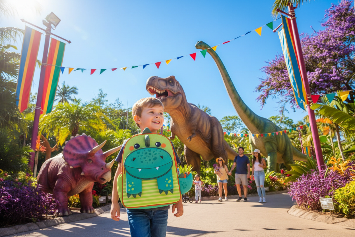 Cartoon dinosaur school backpack, green dino face, teal body, front pocket pouch