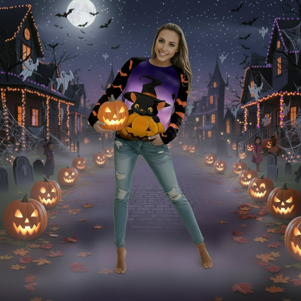 Halloween Cartoon Print Sweatshirt Long Sleeve Pullover Tops Women
