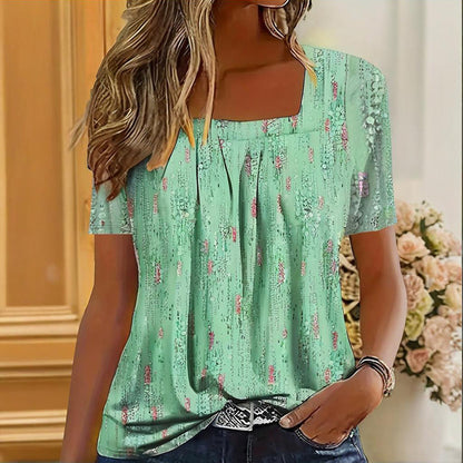 Women's Casual Square Neck Glitter T-Shirt - Sparkling Short Sleeve Top With Printed Design, Vibrant Fashion Tee