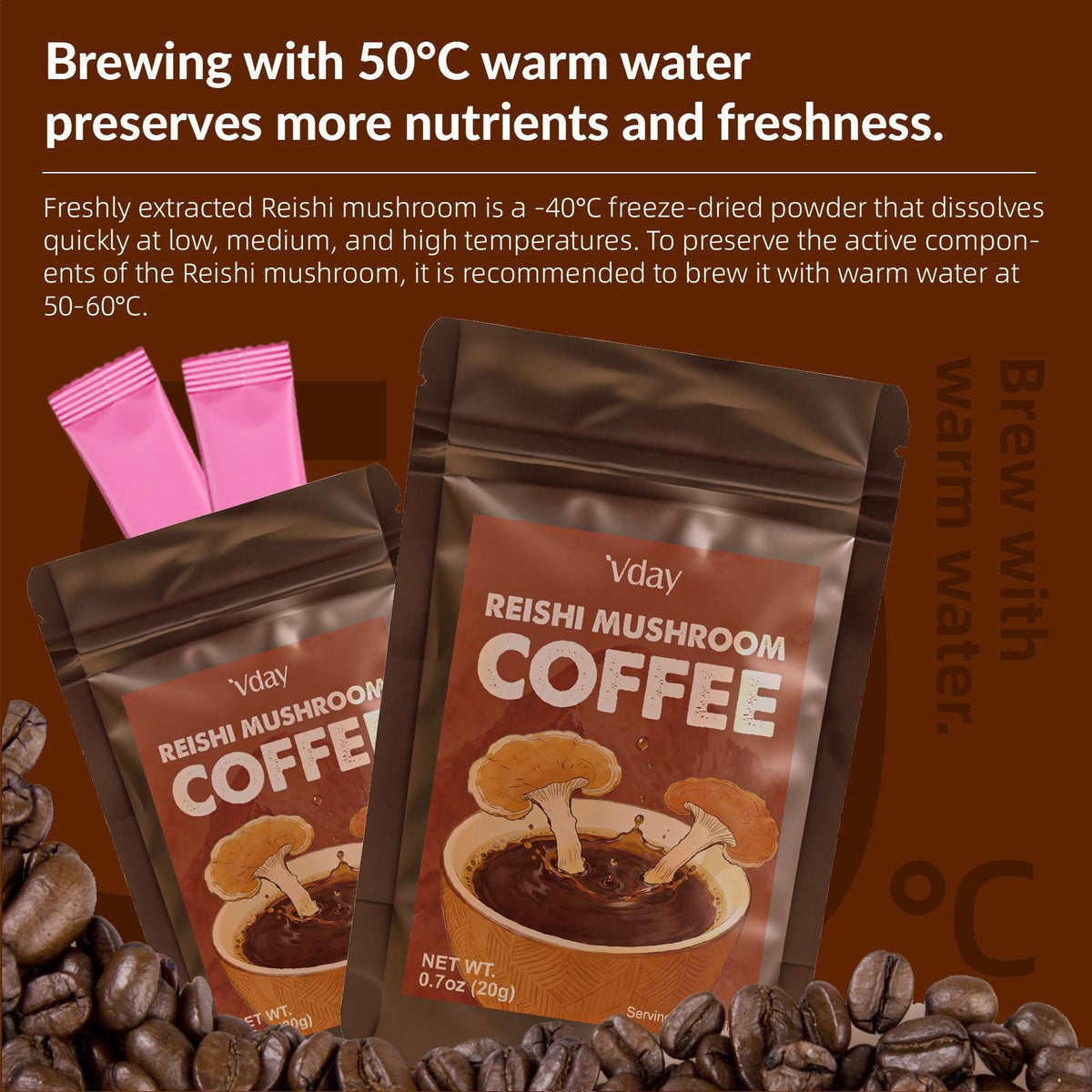 Assorted reishi mushroom coffee sachets with coffee beans background