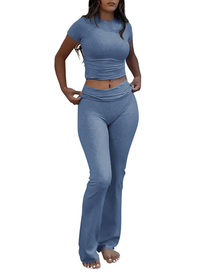 Casual Solid Color Slim Fit Two-piece Set, Short Sleeved Round Neck T-shirt And Tight Flared Sports Pants