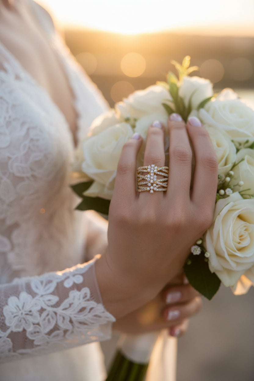 Three-row diamond-look ring set, silver on bride hand
