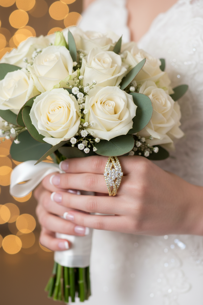 Gold-toned diamond ring set with stacked rows, on bride hand