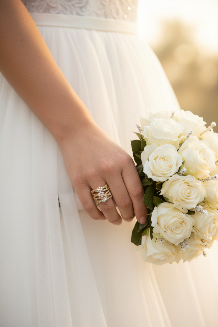 Gold-tone ring set with stacked bands, worn on hand