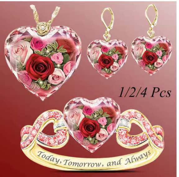 Gold-tone heart pendant necklace set with pink rose floral heart charms and heart earrings