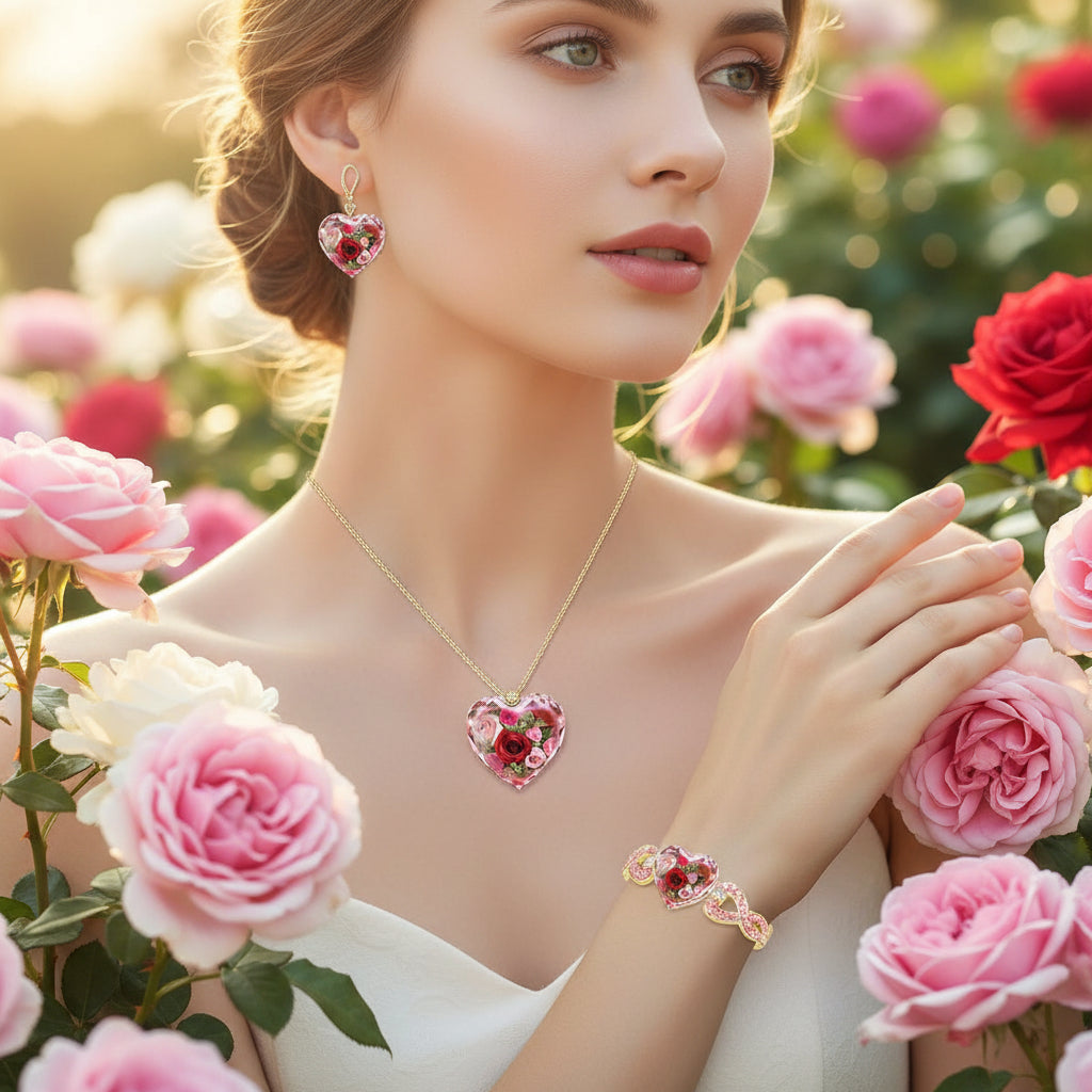 Heart crystal pendant necklace with drop earrings and heart charm bracelet set