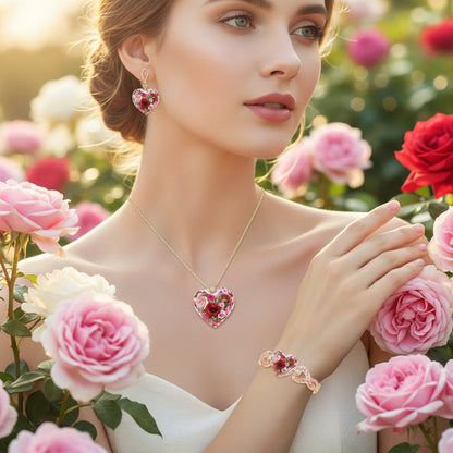 Heart crystal pendant necklace with drop earrings and heart charm bracelet set