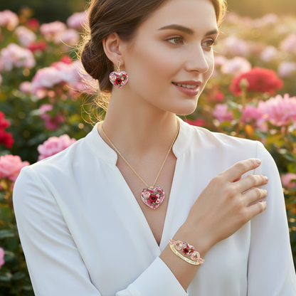 Heart crystal pendant necklace with heart drop earrings and matching bracelet set