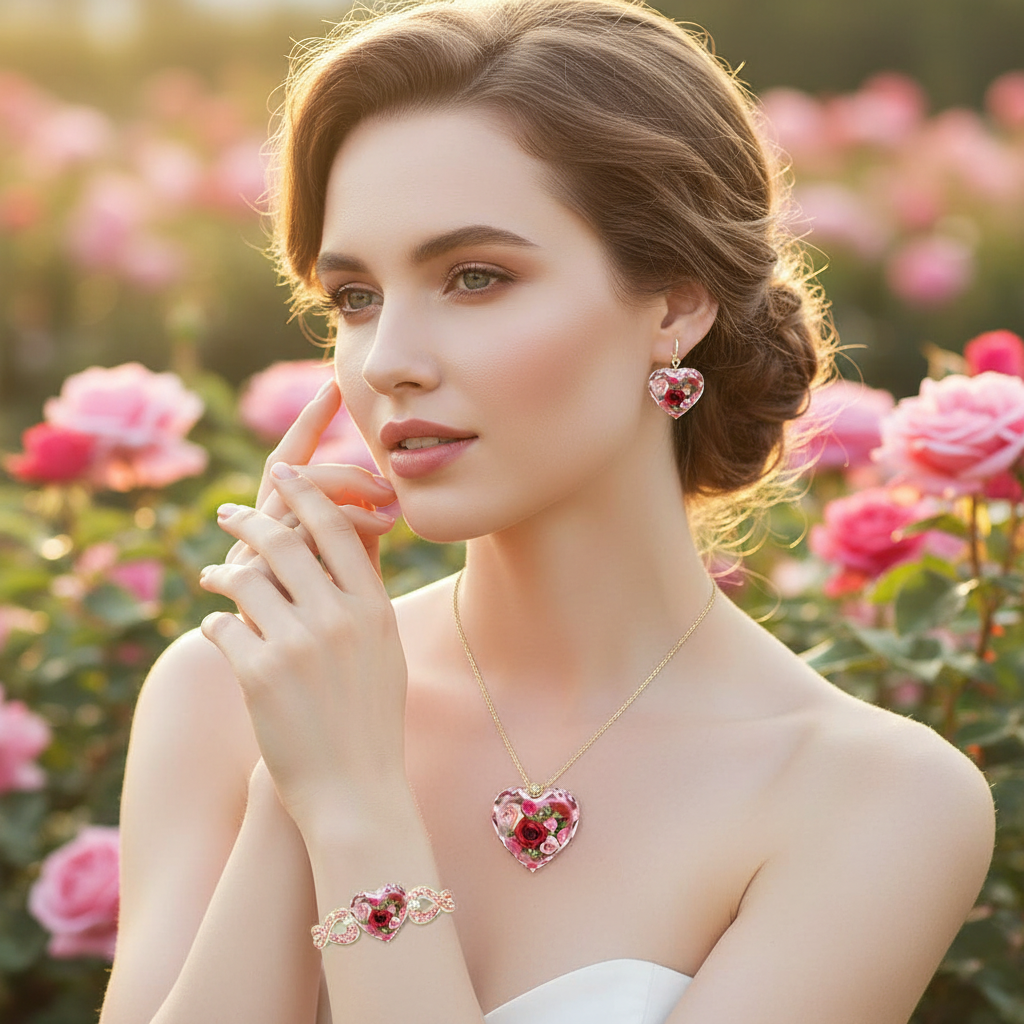 Pink rose heart pendant necklace set with matching heart drop earrings and bracelet