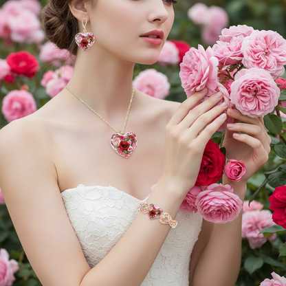 Heart crystal pendant necklace with heart earrings and heart charm bracelet set