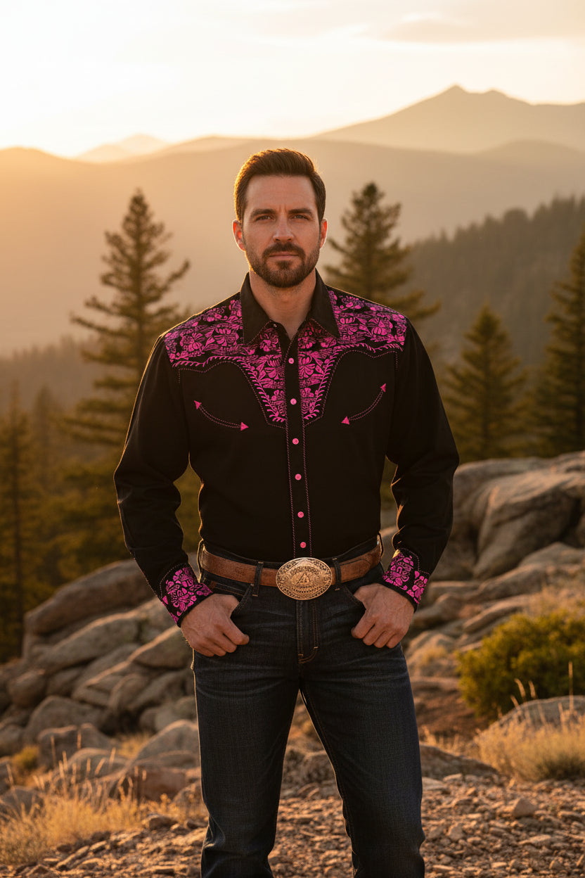 Men's black long-sleeve polo-collar button shirt with pink floral printed yoke and cuffs
