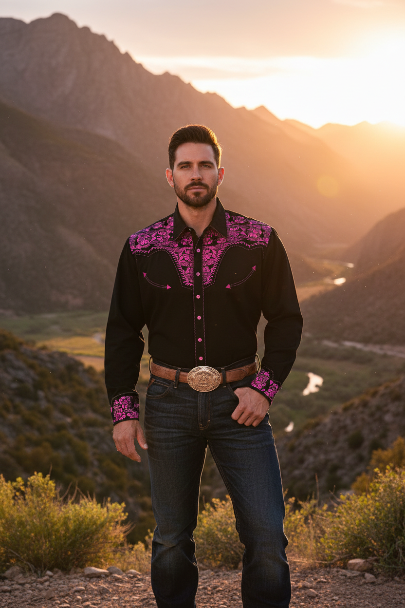 Men's long-sleeve polo-collar button shirt, black with purple floral panel print