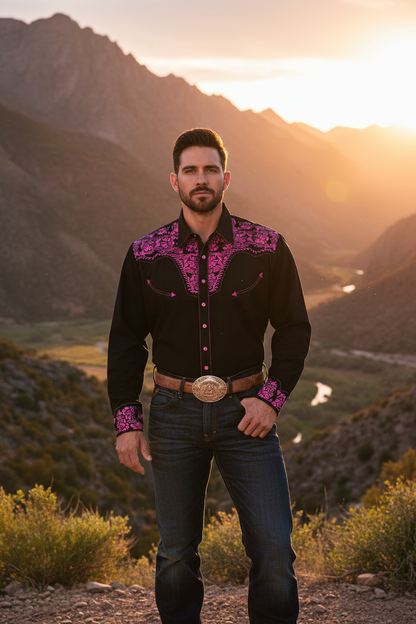 Men's long-sleeve polo-collar button shirt, black with purple floral panel print