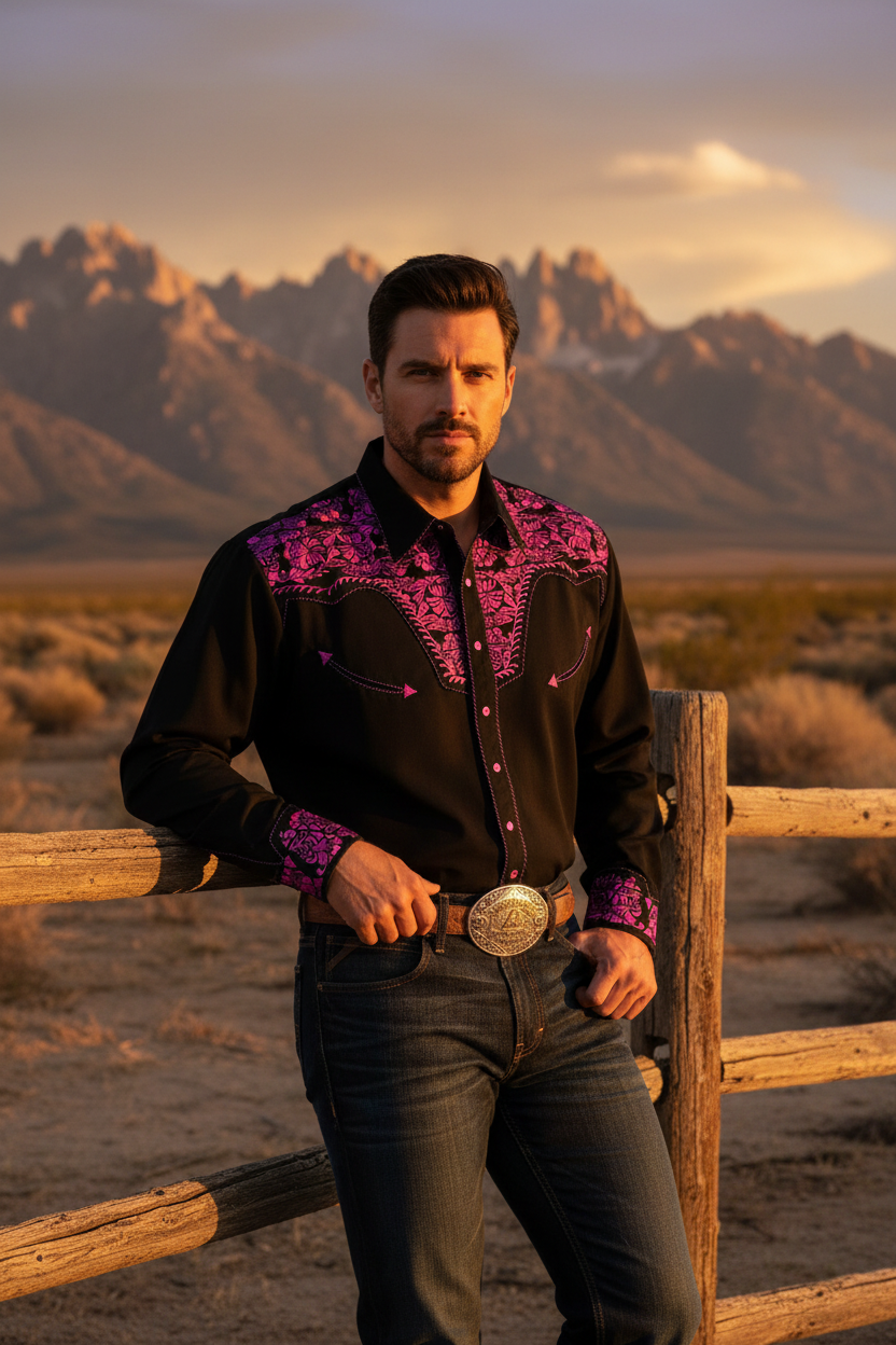 Men's long-sleeve polo-collar button shirt, black with magenta floral shoulder embroidery