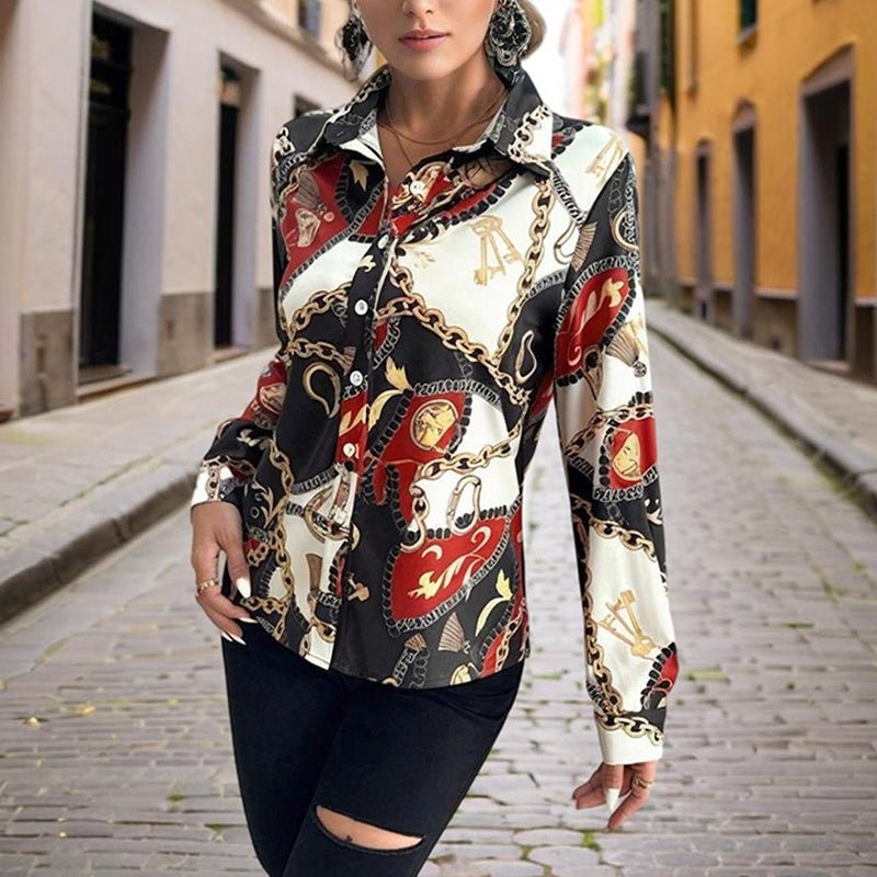 Women's Lapel Long Sleeve Shirt - Fitted Cut Intricate Print Button-Up Design Casual Wear