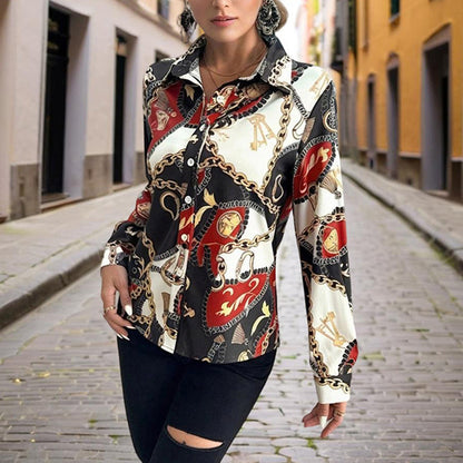 Women's Lapel Long Sleeve Shirt - Fitted Cut Intricate Print Button-Up Design Casual Wear