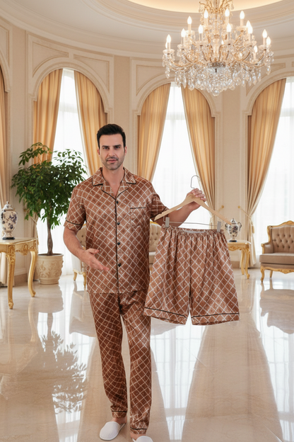 Brown patterned short suit set: short-sleeve shirt and matching shorts, one held up