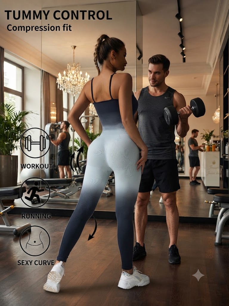 Women's seamless sleeveless workout jumpsuit, light gray back view full-length fitted