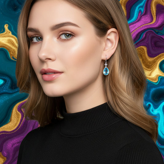 Blue teardrop dangling earrings with crystal-like accents on a slim silver-tone hook
