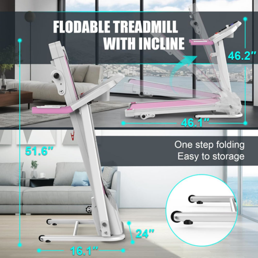 Foldable treadmill with incline feature in white frame and pink accents, side view