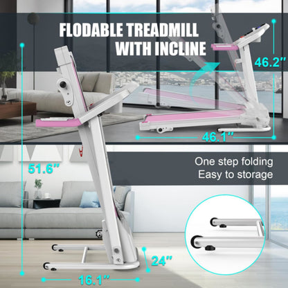 Foldable treadmill with incline feature in white frame and pink accents, side view
