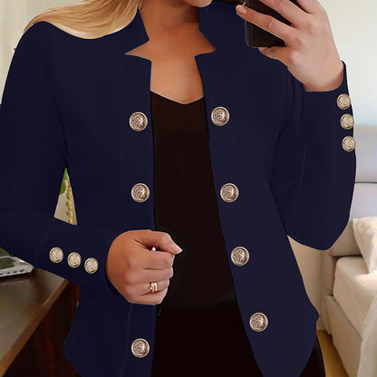 Women's Solid Color Double Breasted Long Sleeve Top - Button Cuff Casual & Office Wear