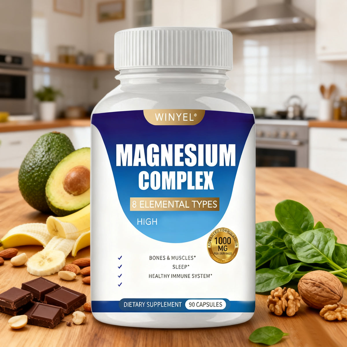 Magnesium complex dietary supplement capsule bottle