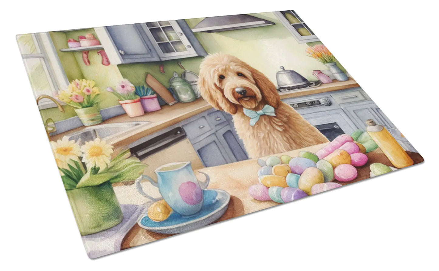 Decorating Easter Goldendoodle Glass Cutting Board