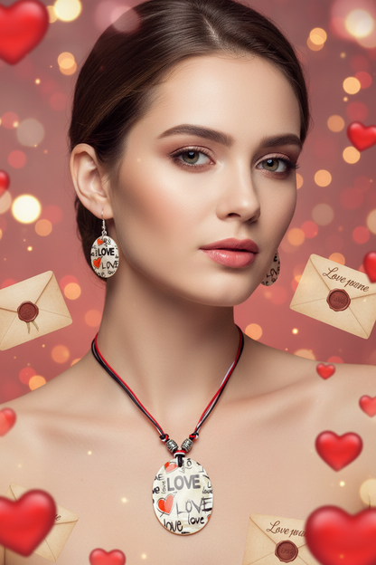 Shell necklace and drop earring set with red heart "Love" pendant and heart earrings