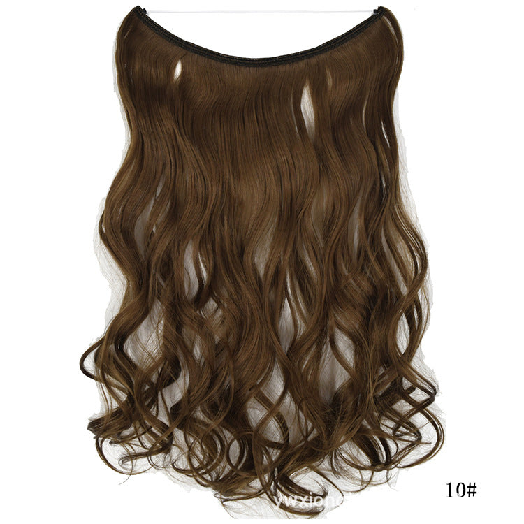 Seamless one-piece hair extension wig in dark brown, wavy shoulder-length style