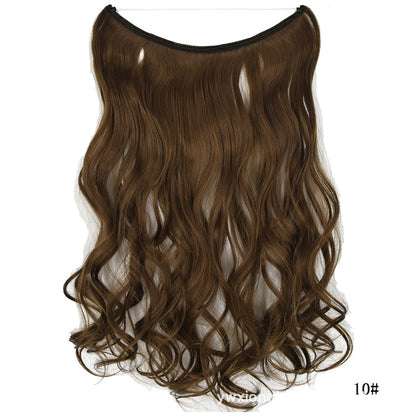 Seamless one-piece hair extension wig in dark brown, wavy shoulder-length style