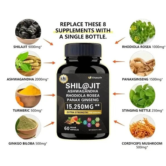Shil@jIt supplement bottle with rhodiola rosea, panax ginseng, ashwagandha label