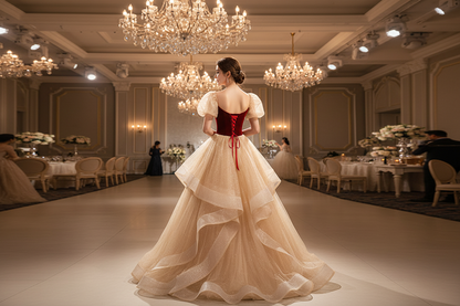 Back view: red corset bodice with puff sleeves and layered tulle skirt wedding gown