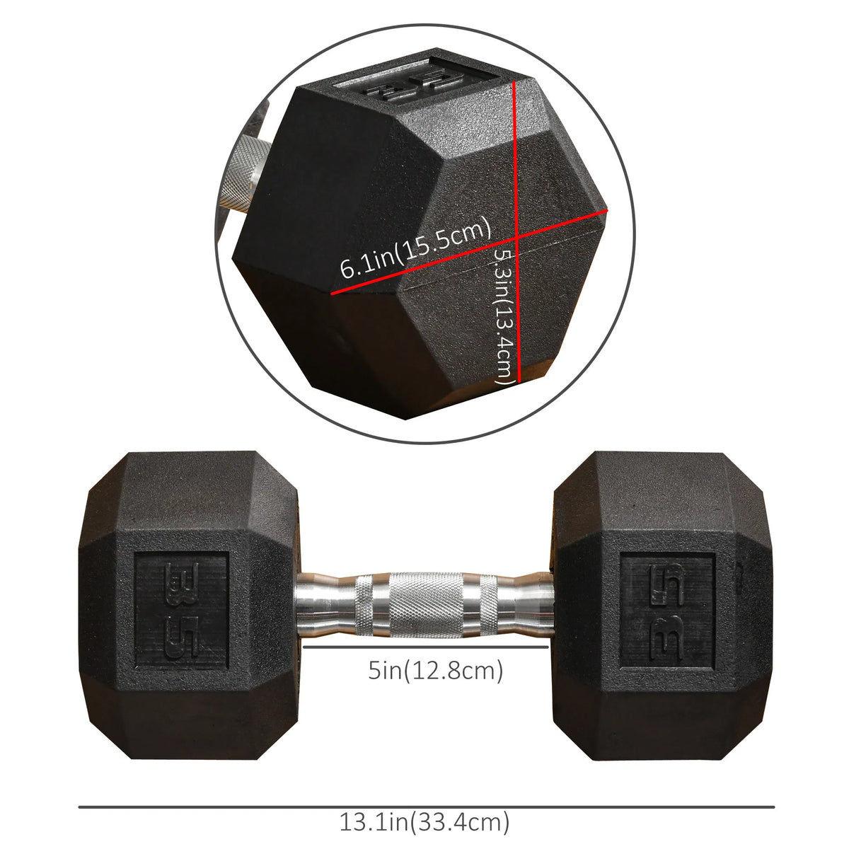 Black hex rubber dumbbells with silver handles and labeled dimensions on display