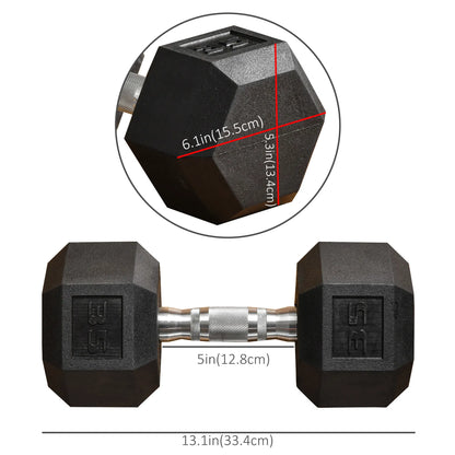 Black hex rubber dumbbells with silver handles and labeled dimensions on display