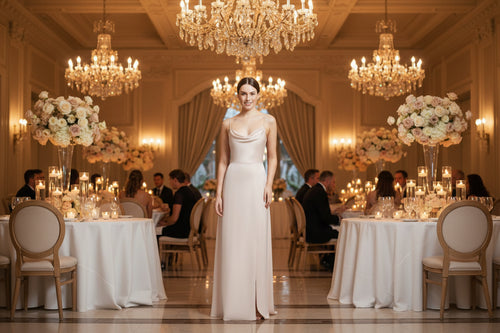 Blush bridesmaid dress with spaghetti straps, fitted bodice, and long front slit