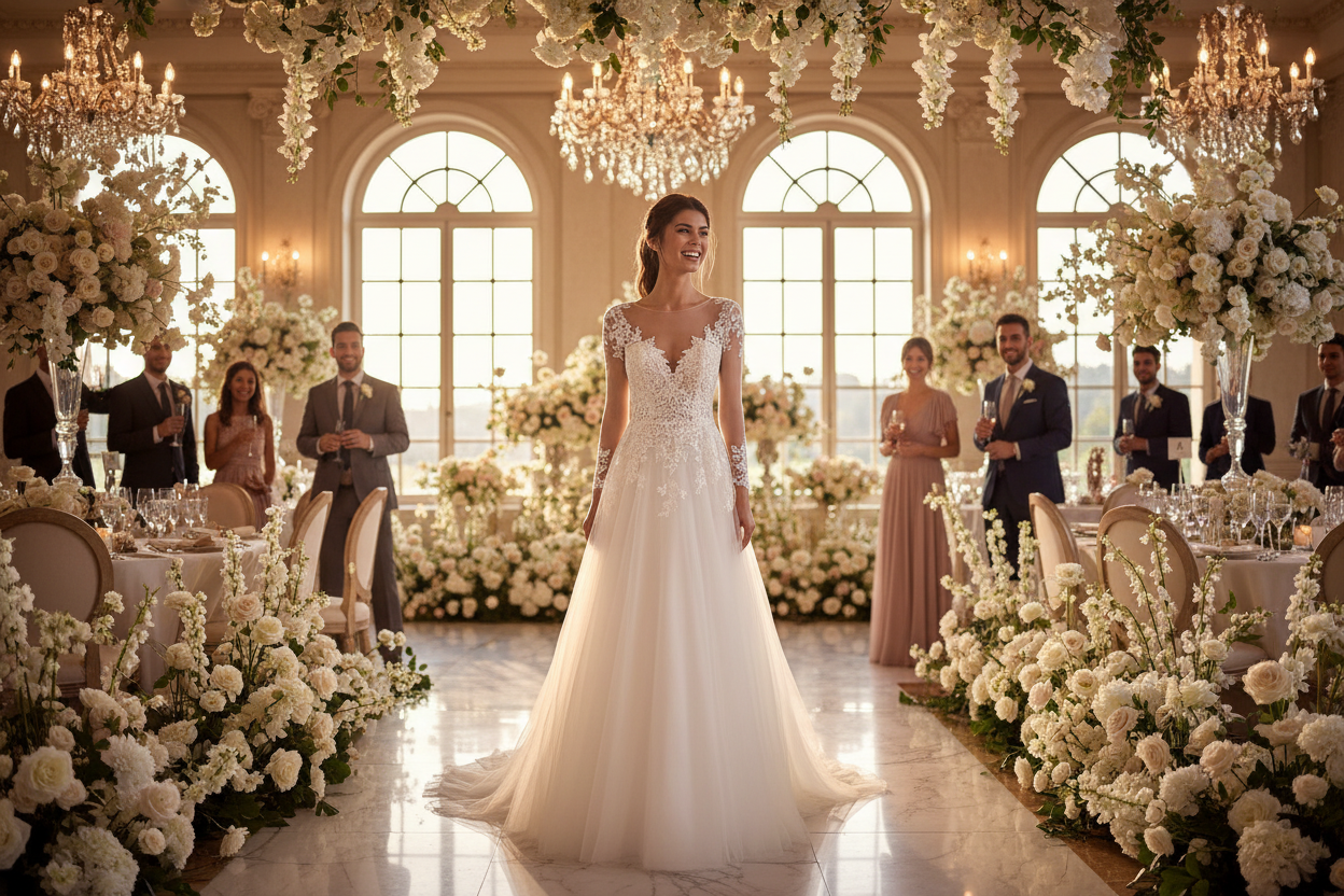 White lace wedding dress with high U-neck, lace sleeves, flared A-line skirt and train