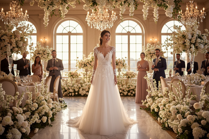 White lace wedding dress with high U-neck, lace sleeves, flared A-line skirt and train