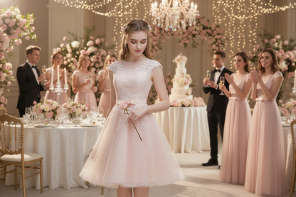 Slim bridesmaid dress with lace cap sleeves, fitted waist, flared tulle skirt and bow detail