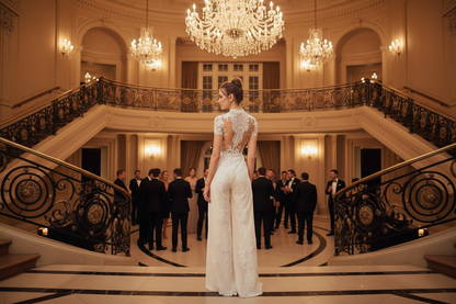 White lace bridal short-sleeve wide-leg jumpsuit with lace back detail
