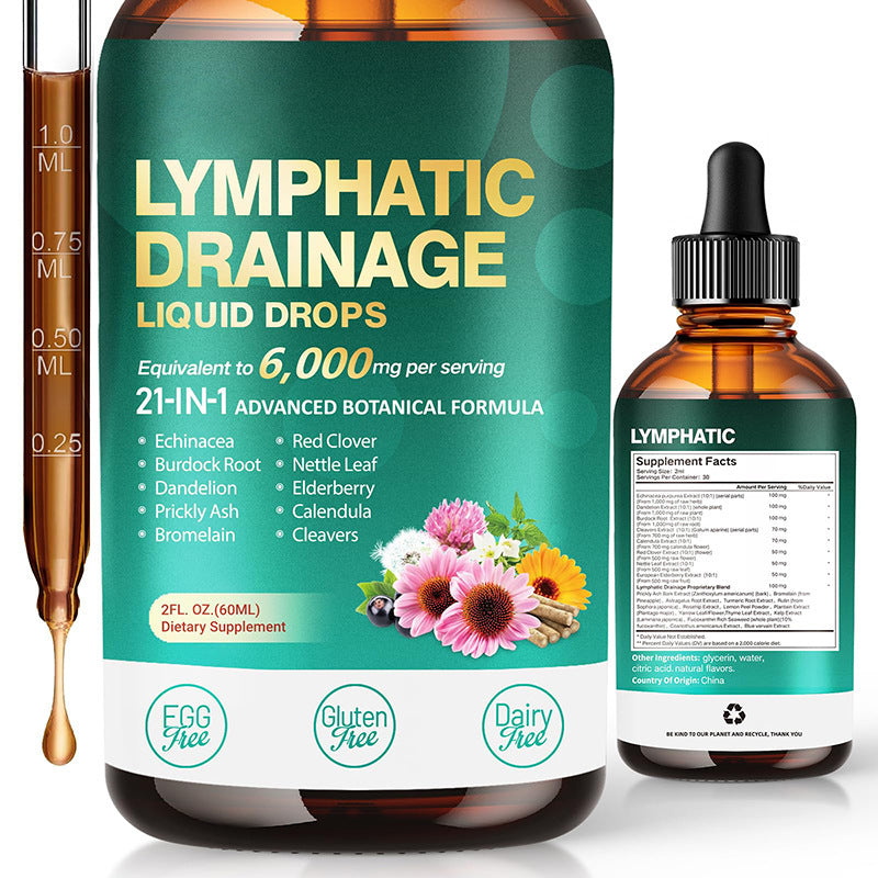 Lymphatic drainage liquid drops bottle with dropper, label, and flower illustration
