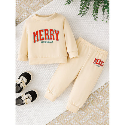 Baby Girls 2Pcs Outfits MERRY Christmas Letter Print Round Neck Long Sleeve Sweatshirt & Pants Set