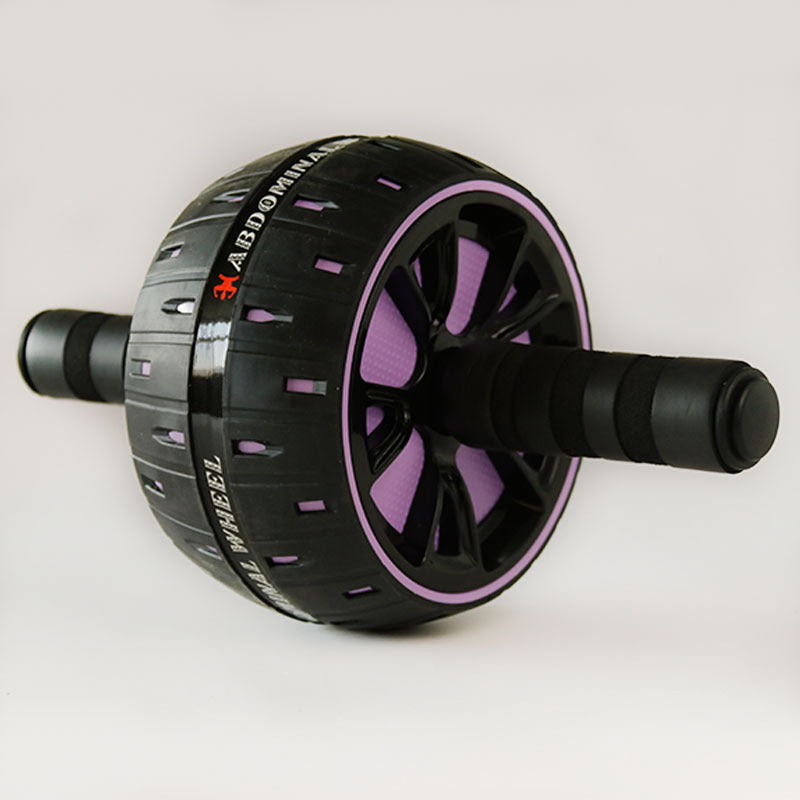Abdominal wheel with black body, purple rim, and ribbed foam handle grips