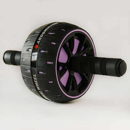 Abdominal wheel with black body, purple rim, and ribbed foam handle grips