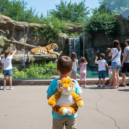 Cartoon animal school bag with orange tiger plush face and blue backpack style straps