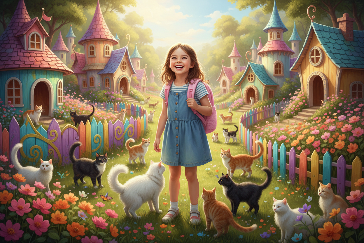 Denim-dress girl holding a plush toy schoolbag with animal face front pocket