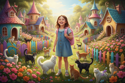 Denim-dress girl holding a plush toy schoolbag with animal face front pocket