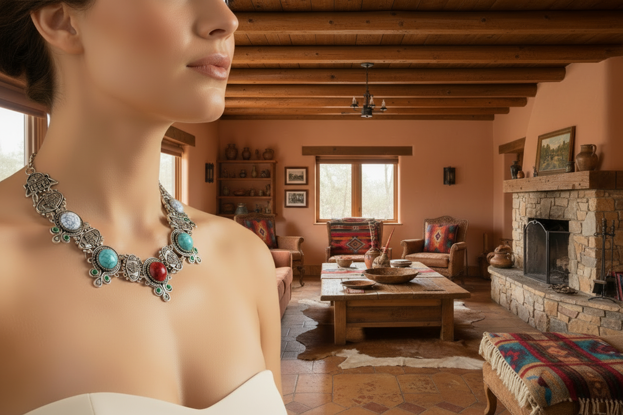 Turquoise stone bead short necklace choker with red center and ornate silver-tone details