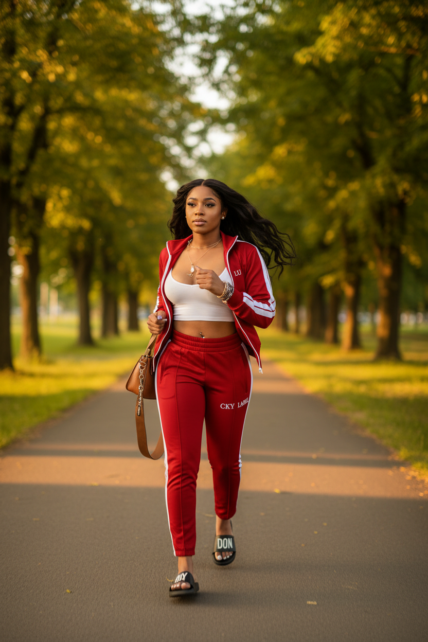 Women’s red zip-up track suit set with white side stripes and embroidered lettering